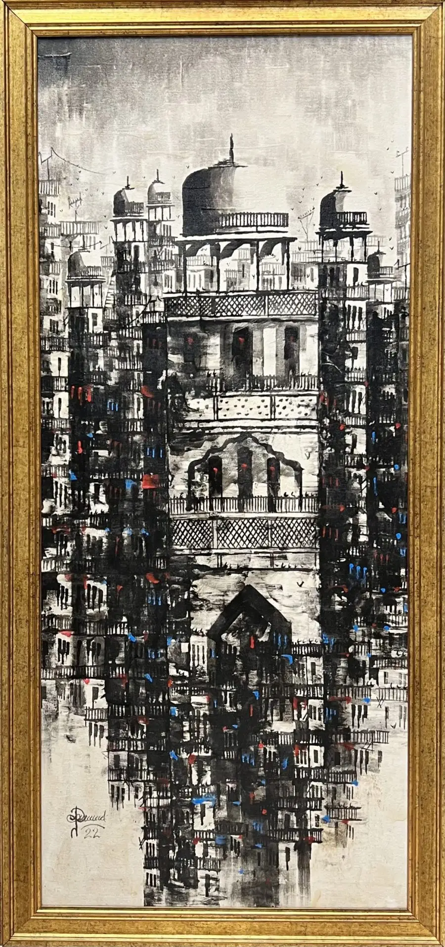 Monochrome painting of densely layered urban buildings, featuring intricate balconies and rooftops with small accents of red and blue scattered throughout.