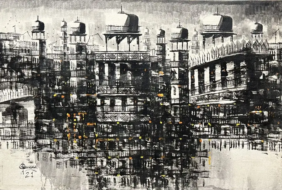 Monochrome painting of a cityscape filled with tightly packed buildings, featuring domed rooftops, intricate balconies, and sharp architectural lines. The grayscale tones are punctuated by small, scattered orange accents that suggest lights or energy within the city. The composition's vertical layering and repeating patterns create a sense of depth and complexity, evoking the atmosphere of a bustling yet timeless urban environment.