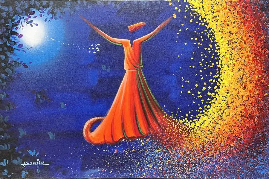 A vibrant painting of a Sufi dancer in a flowing red dress, arms outstretched, surrounded by a burst of colorful light and a dark blue background.