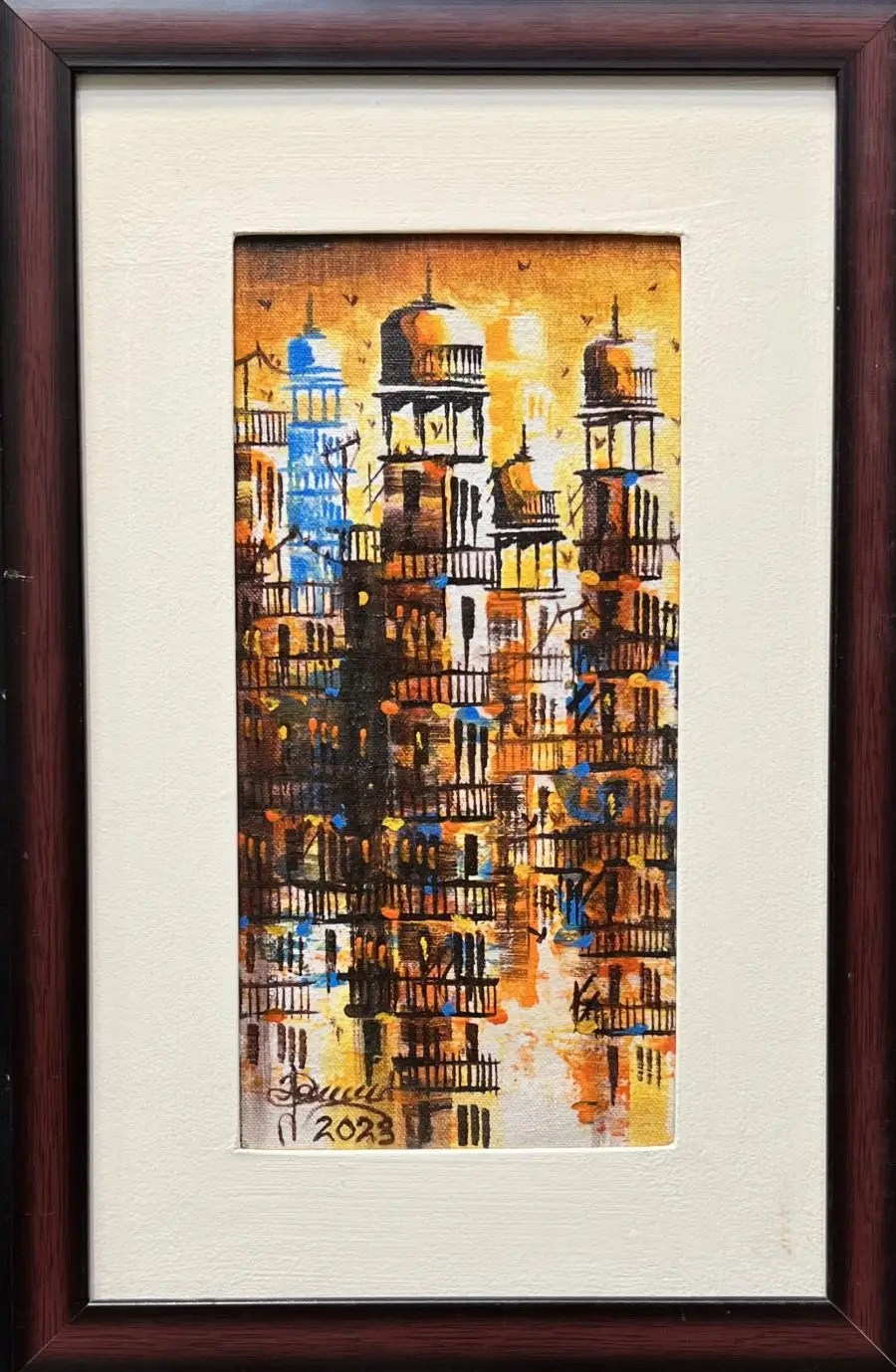 A colorful painting of a cityscape