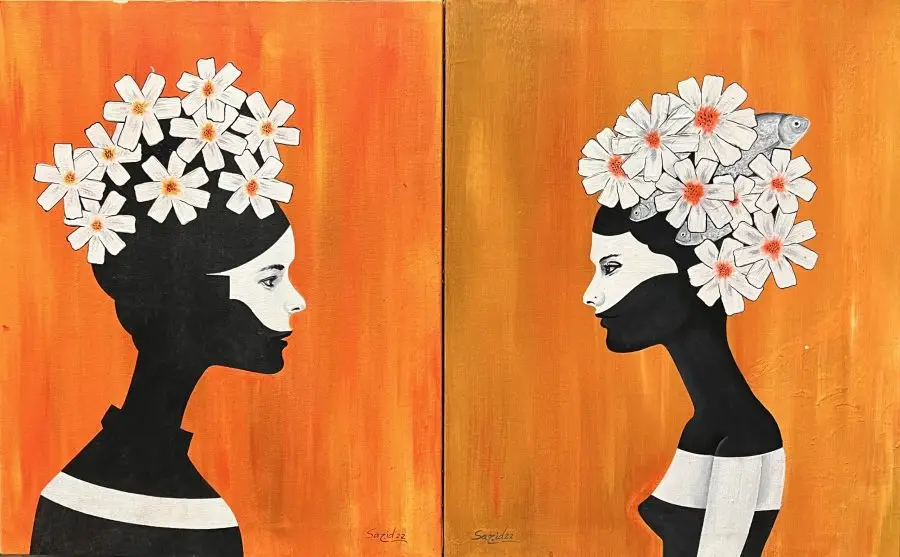 A diptych painting featuring two female figures in profile, facing each other. Both figures have white flower crowns and one has a fish on top of her head. The background is a vibrant orange.