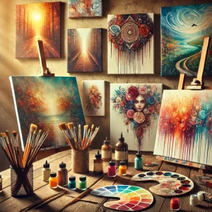 artist's workspace with various canvas paintings, including abstract designs, realistic portraits, and colorful landscapes. Art supplies like brushes, acrylic paints, and oil colors are spread across a wooden table, with natural light illuminating the creative scene.